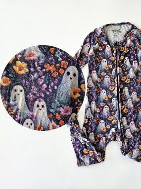 Velveteen Bunny Knots EmBOOdery Rainbow Ghost Halloween Bamboo Zip Footie 18-24M